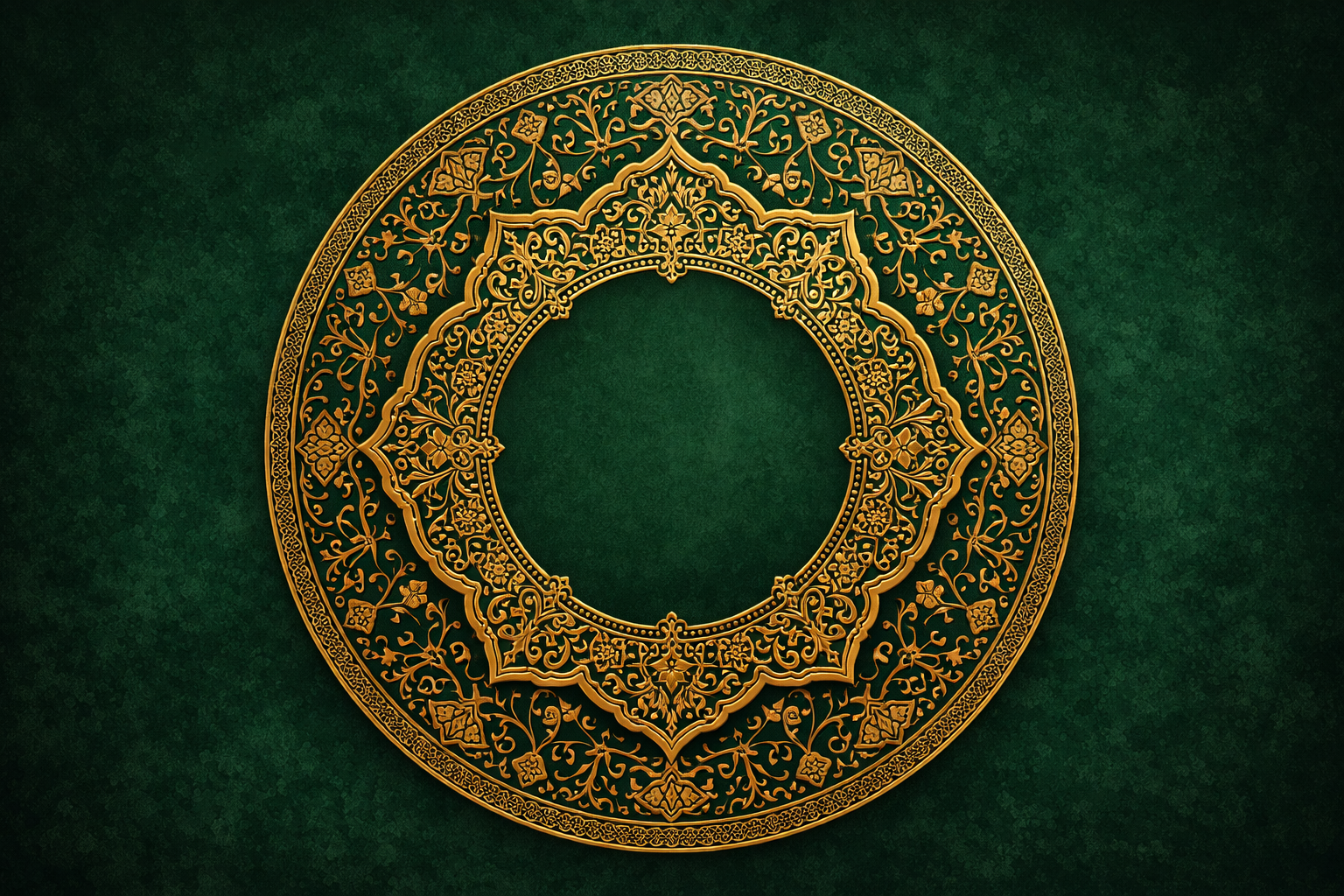 Ornate Islamic gold arabesque geometric circular frame on emerald green background HD wallpaper